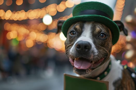 A dog wearing a green hat and holding up a sign