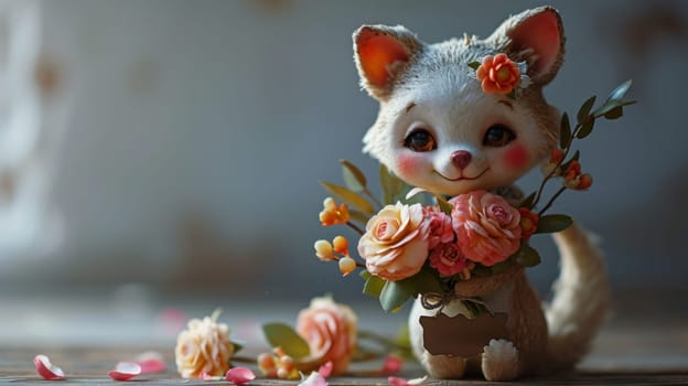 A small stuffed animal holding a bouquet of flowers on wooden floor