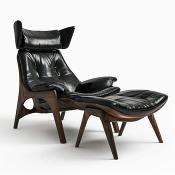 A black leather chair and ottoman with a wooden frame