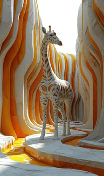 A giraffe standing in a cave like area with orange and white walls