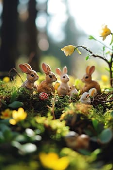 A group of small rabbit figurines sitting in a grassy area