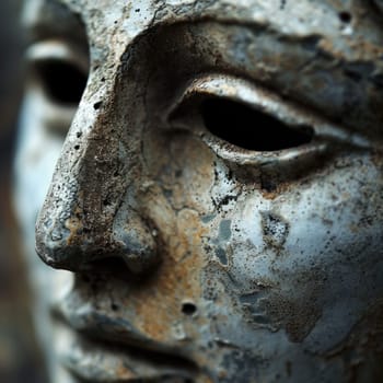 A close up of a statue with an old face and eyes