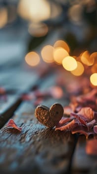 A heart shaped rock sitting on a wooden table with lights in the background