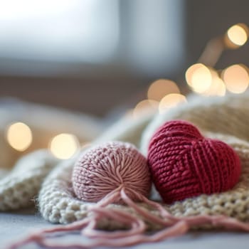 A couple of yarn balls and a heart shaped ball on top