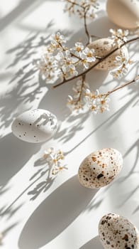 A white and brown eggs with flowers on a table