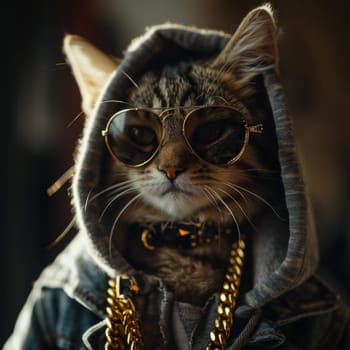 A cat wearing a hoodie and sunglasses with gold chains