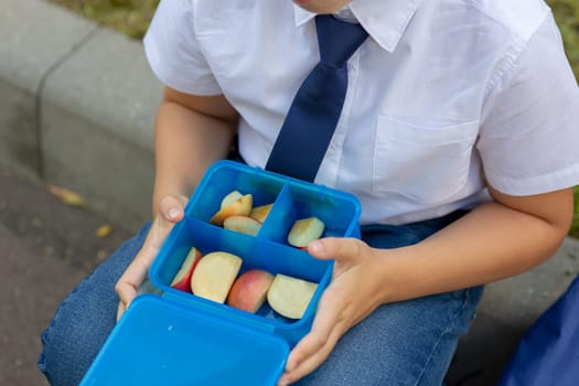 Hands of schoolboy in white shirt with blue tie holding blue lunch box with apples. No face. Close up