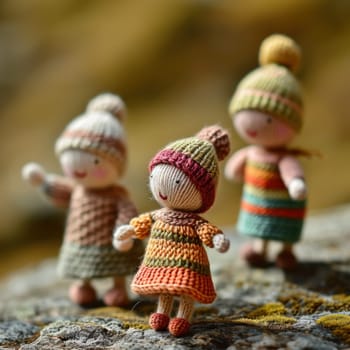 Three small knitted dolls standing on a rock in the snow