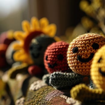 A row of crocheted stuffed animals are lined up on a table