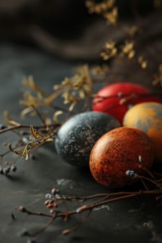 A group of colorful eggs are sitting on a table