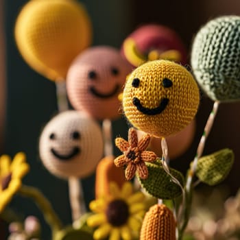 A bunch of crocheted flowers with smiley faces on them