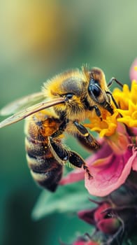 A bee on a flower with yellow and pink petals