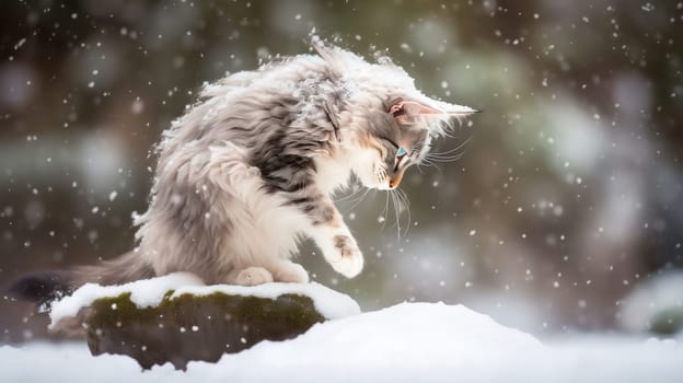 A cat standing on a rock in the snow with its eyes open