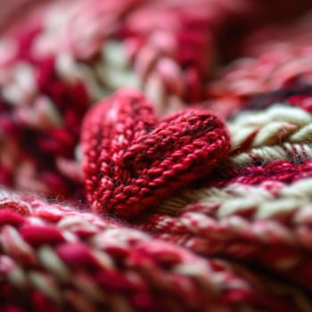 A close up of a knitted heart on top of some yarn