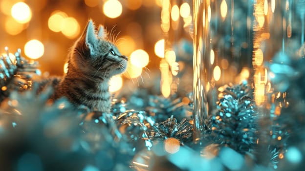 A kitten sitting in a group of christmas lights and tinsel