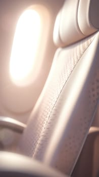 A close up of a seat on an airplane with the sun shining