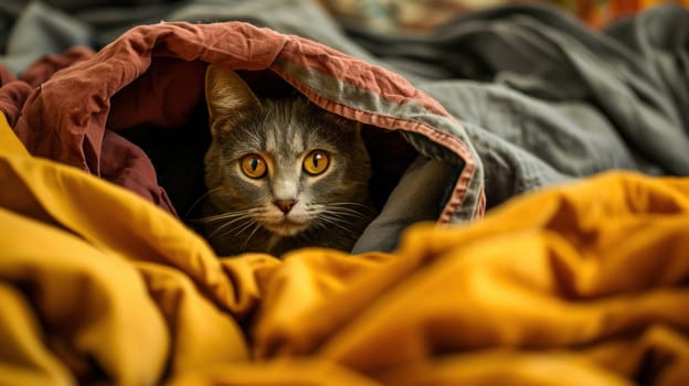 A cat peeking out from under a blanket on top of bedding