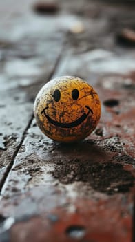 A yellow smiley face sitting on a rock with dirt and grime