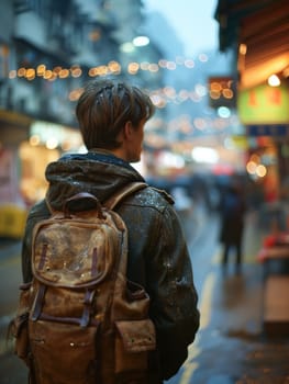 A man with a backpack standing on the street in front of buildings