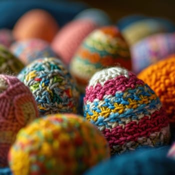 A close up of a bunch of colorful crocheted eggs