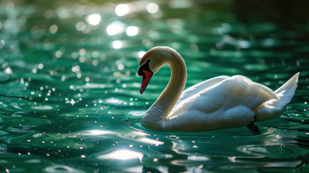 A swan swimming in a lake with sunlight shining on it