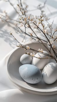 A white plate with three eggs and a branch of flowers