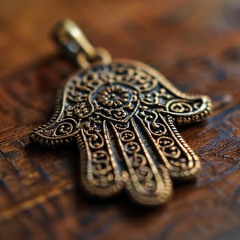 A gold hamsa hand pendant on a wooden table