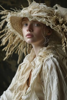 A woman wearing a large straw hat with flowers on it