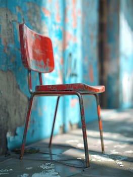 A red chair sitting on a concrete floor next to blue wall