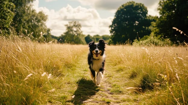 A dog walking through a field of tall grass and flowers