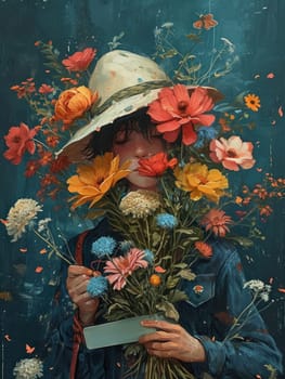 A painting of a woman with flowers in her hat and jacket