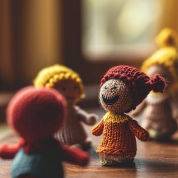 A group of small knitted dolls on a table with one wearing red