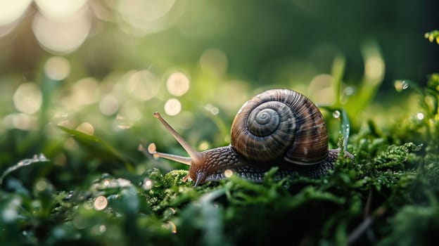 A snail is crawling on the grass in front of a green background