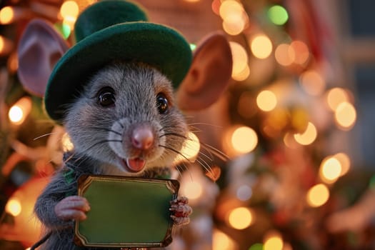 A small mouse wearing a green hat holding up a sign