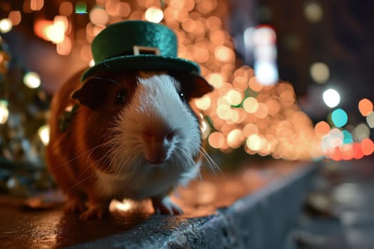 A guinea pig wearing a green hat on the side of a building