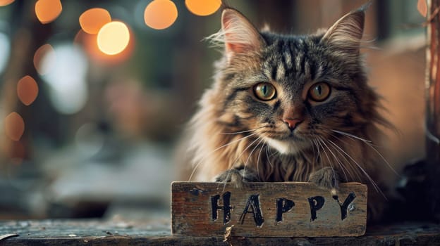 A cat sitting on a wooden sign with the word happy