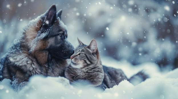 A cat and dog are laying in the snow together