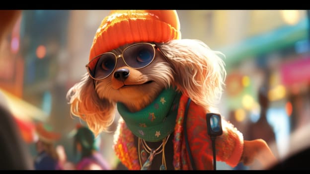 A dog wearing a hat, sunglasses and sweater with an orange scarf
