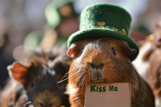 A guinea pig wearing a green hat with the words kiss me on it