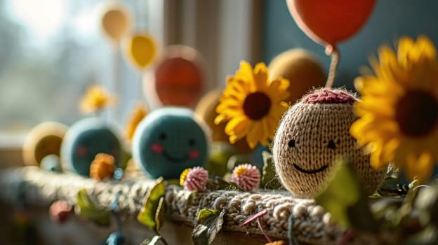 A group of crocheted stuffed animals are sitting on a shelf