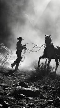 A cowboy is leading a horse in the wild