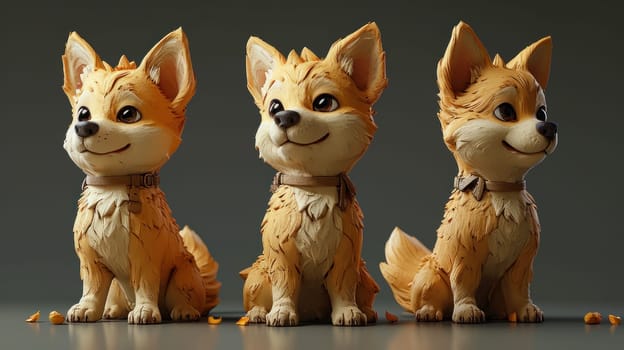 Three small statues of dogs sitting on a gray background