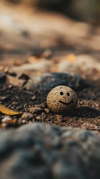 A stone with a smiley face sitting on the ground