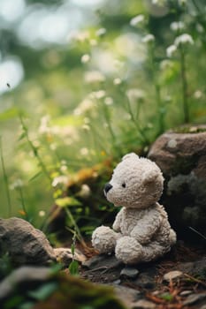 A teddy bear sitting on a rock in the woods