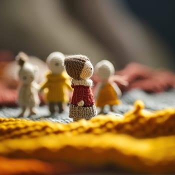A group of small knitted dolls standing on a blanket