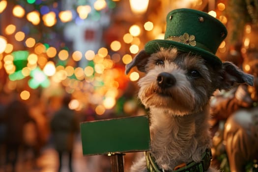 A dog wearing a green hat and holding up a sign