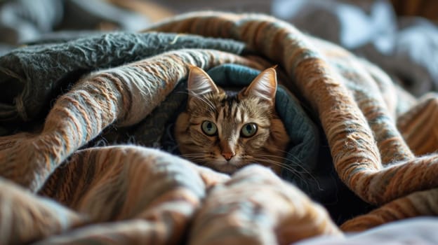 A cat peeking out from under a blanket on top of the bed