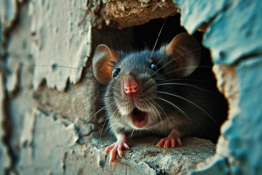 A close up of a rat looking out from behind the wall