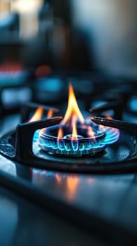 A close up of a gas stove with flames coming out