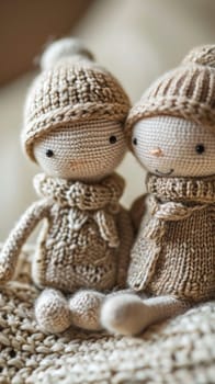 Two knitted dolls sitting on a blanket with their hands together